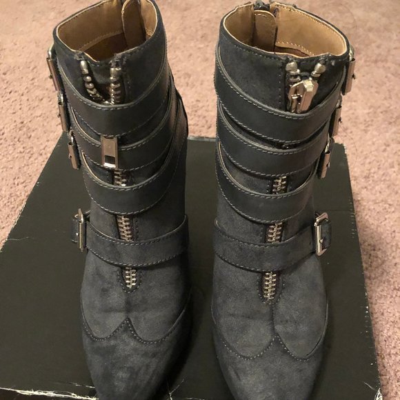 Buckle Suede Wedge Boot Booties -Slate Blue Gray -Size 6.5 -Like New - Picture 2 of 8